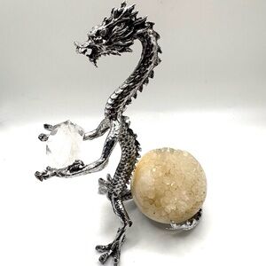 Metal Dragon Display Stand with Clear Quartz Crystal & Agate Druzy Sphere